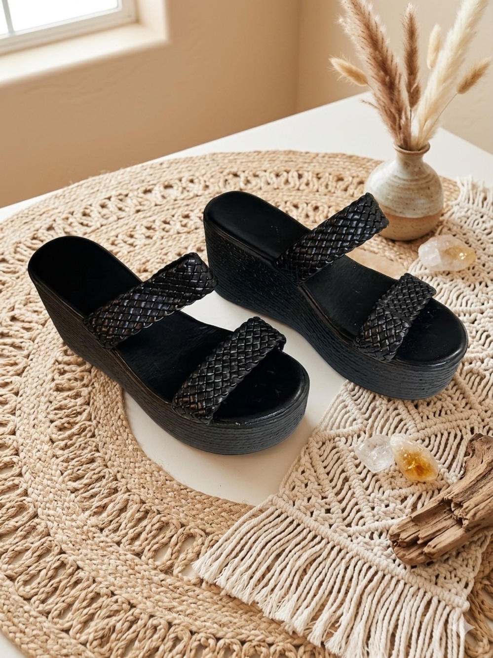SHEIN Black Woven Double-Strap Platform Slides
